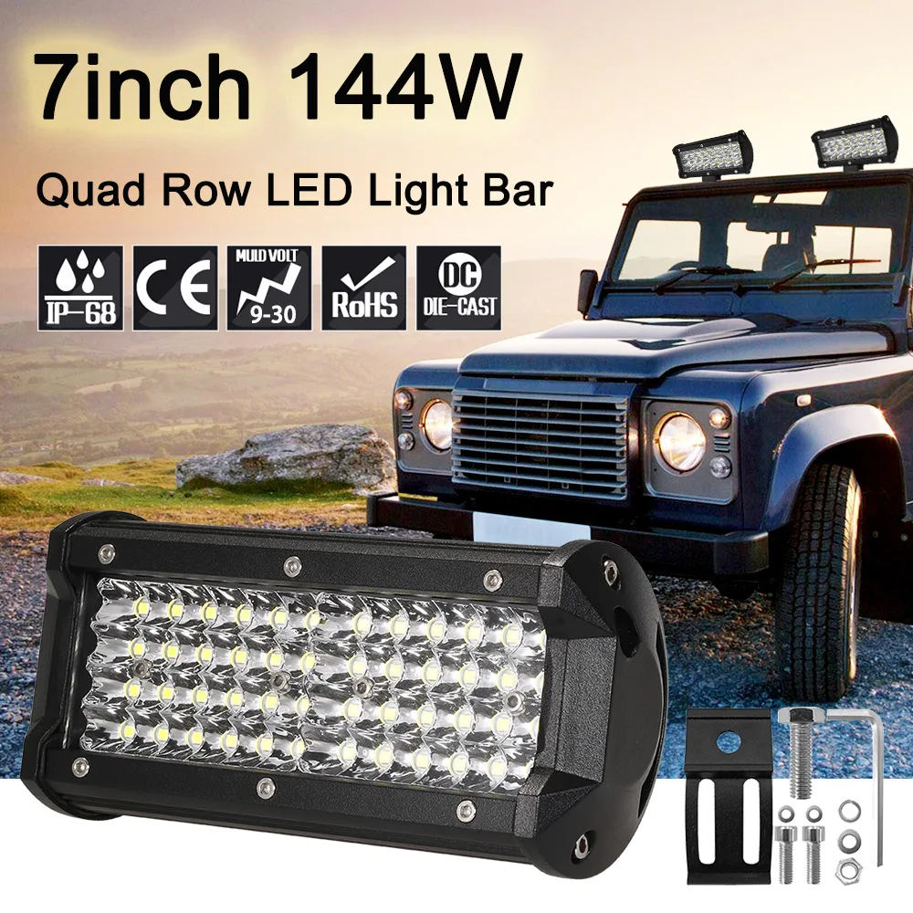 

7'' 144W Quad Row LED Light Bar Work Light Bar Spot Fog lights Driving Lamp for Car Jeep SUV ATV Boat 9-30V 6000K 19600LM