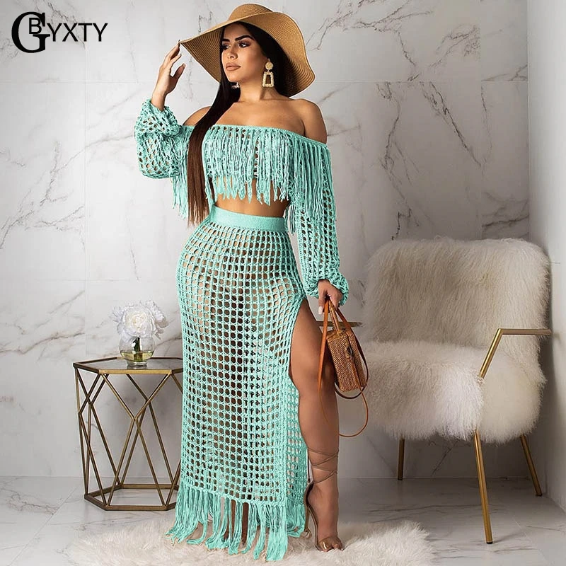 

GBYXTY Sexy Hollow Out Knitted Fishnet Summer Beach Sets Women Tassel 2 Piece Set Off Shoulder Top and Maxi Skirt Outfit ZL284