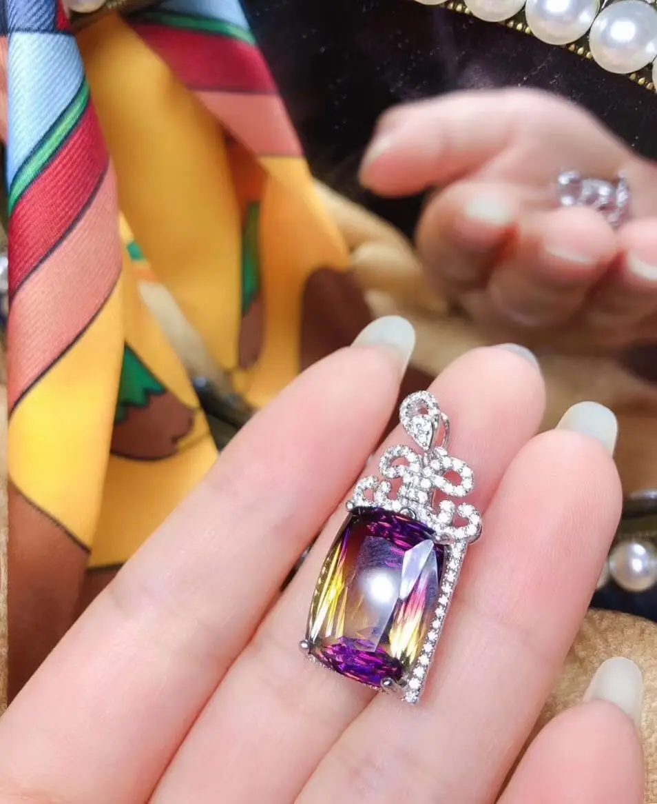 

2019 design Ametrine pendant for party 12mm*16 mm emerald cut ametrine necklace pendant 925 silver ametrine jewelry