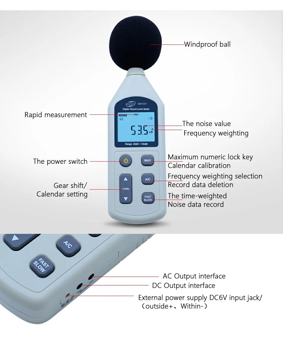 BENETECH 30-130dB цифровой измеритель уровня звука GM1357 шумомер в децибелах lcd A/C быстрый/медленный дБ экран