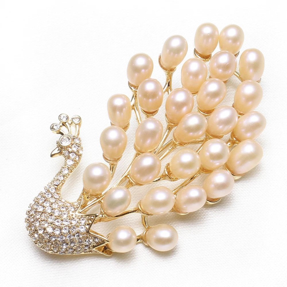 

Natural Real Pink White Freshwater Pearl Brooch Peacock Rhinestone CZ Cubic Zircon Princess Wedding Bridal Scarf Buckle Brooches