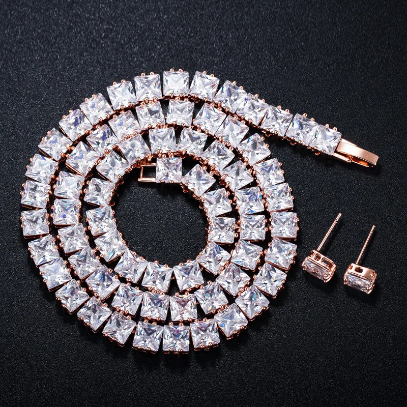 CWWZircons Classic Princess Cut Cubic Zirconia Stones Rose Gold Bridal Choker Necklace Jewelry Set for Women Wedding Party T202|Ювелирные