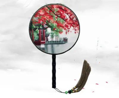 

Round Chinese Decorative Mulberry Silk Hand Fan Hand Double- side Suzhou Embroidery Craft Fan Women Ebony Handle Fan Luxury Gift