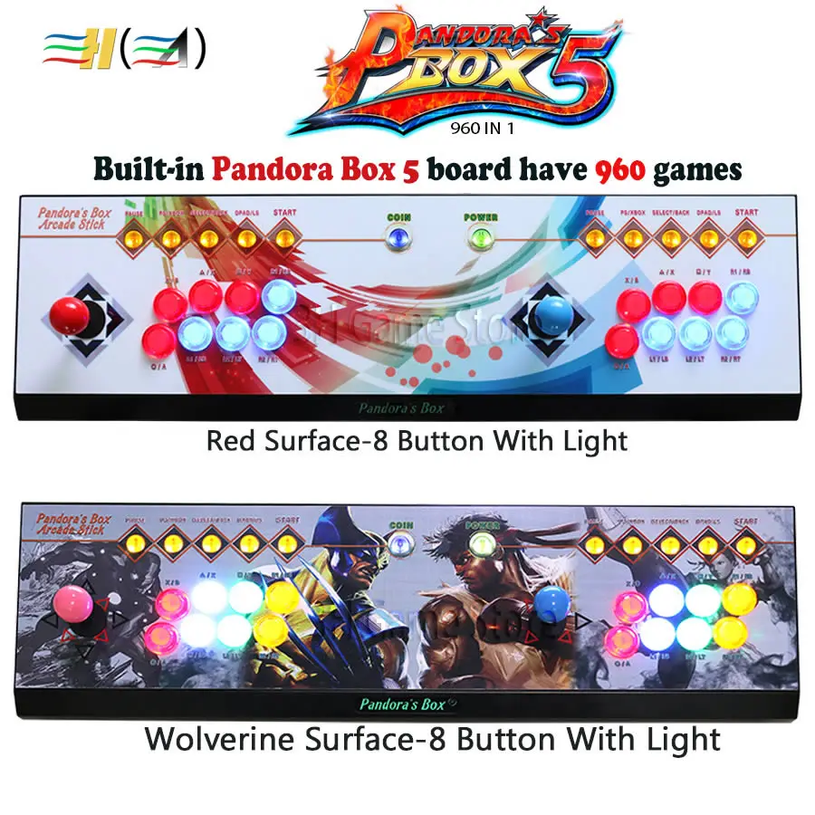 

Pandora's Box 5 960 Games 2 Players 8 Button Console Red/Circle/Wolverine Surface HDMI VGA output video TV HD 720P usb To PC ps3