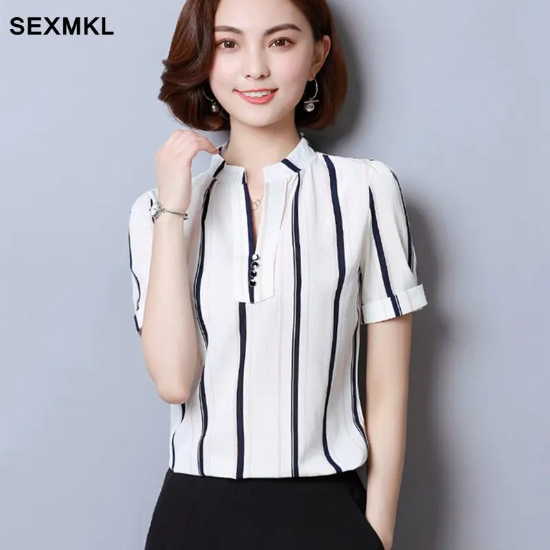 

SEXMKL Women Summer Blouses 2019 Chiffon Office Stripe Blouse Sexy Casual Blusas Femininas Short Sleeve Shirts Ladies Tops XXXL