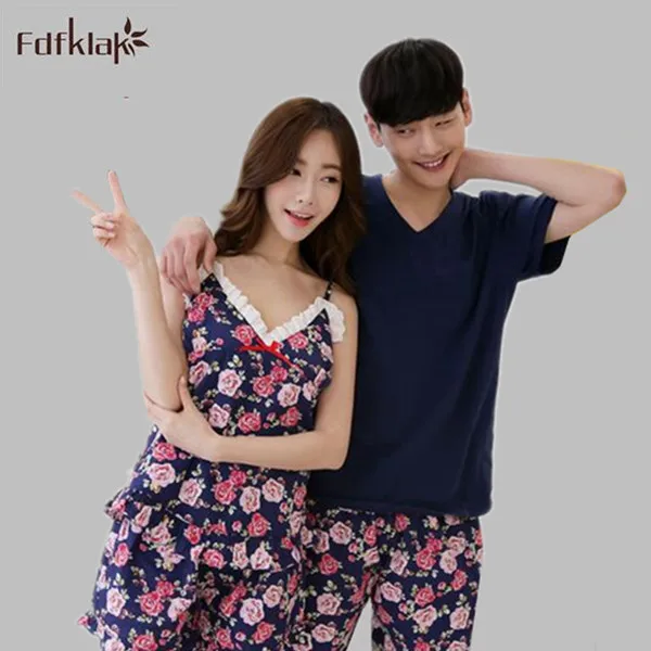 

Summer cotton man's and women's pajamas set flower print couples pijamas plus size ladies nightwear pyjamas women A608