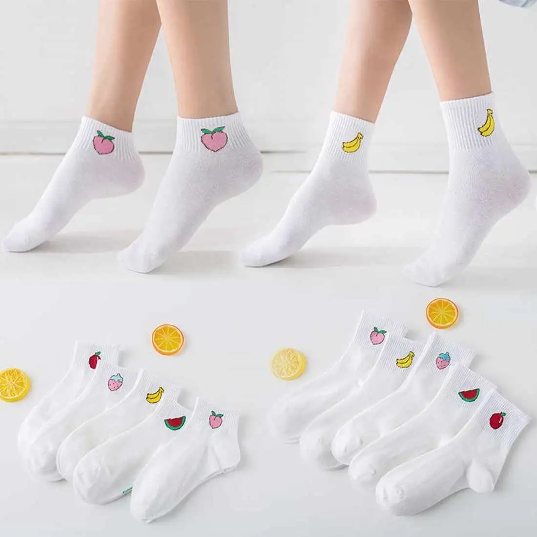 

2019 new spring summer art fresh fruit boat socks white comfortable cotton socks for female and girl Concise Style socks