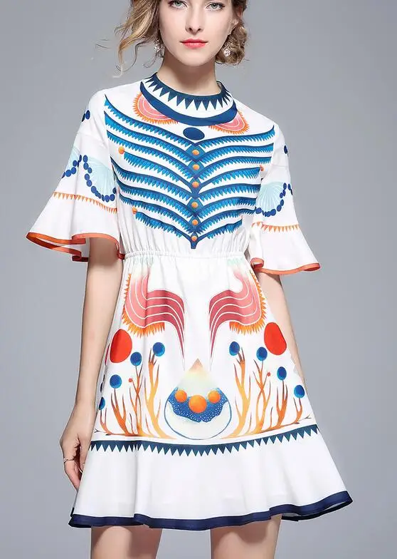 

High Quality 2018 Summer New Arrival Elegant Star Style Ruffles Flare Sleeve Flower Printed Printed Woman Chiffon Dress