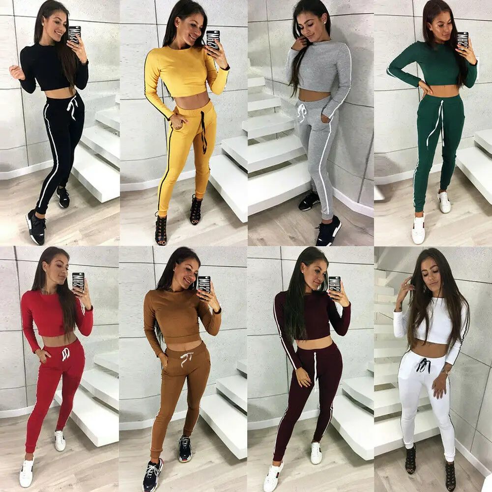 

New Women's Tracksuit Sweatshirts Crop Tops Pants Set Gym Fitness Sport