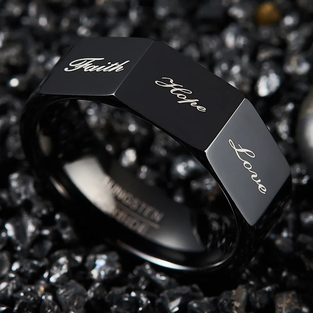 Black Color 8MM Wide Polished Three-sided Lettering Faith Hope Love Tungsten Steel Ring Men Carbide Party Ring