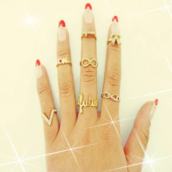 7Pcs/Lot ‘V’ ‘OK’ Infinity Eternity Love Forever Bow Ribbon Knot Cross Top of Finger Over The Midi Tip Above Knuckle Band Ring