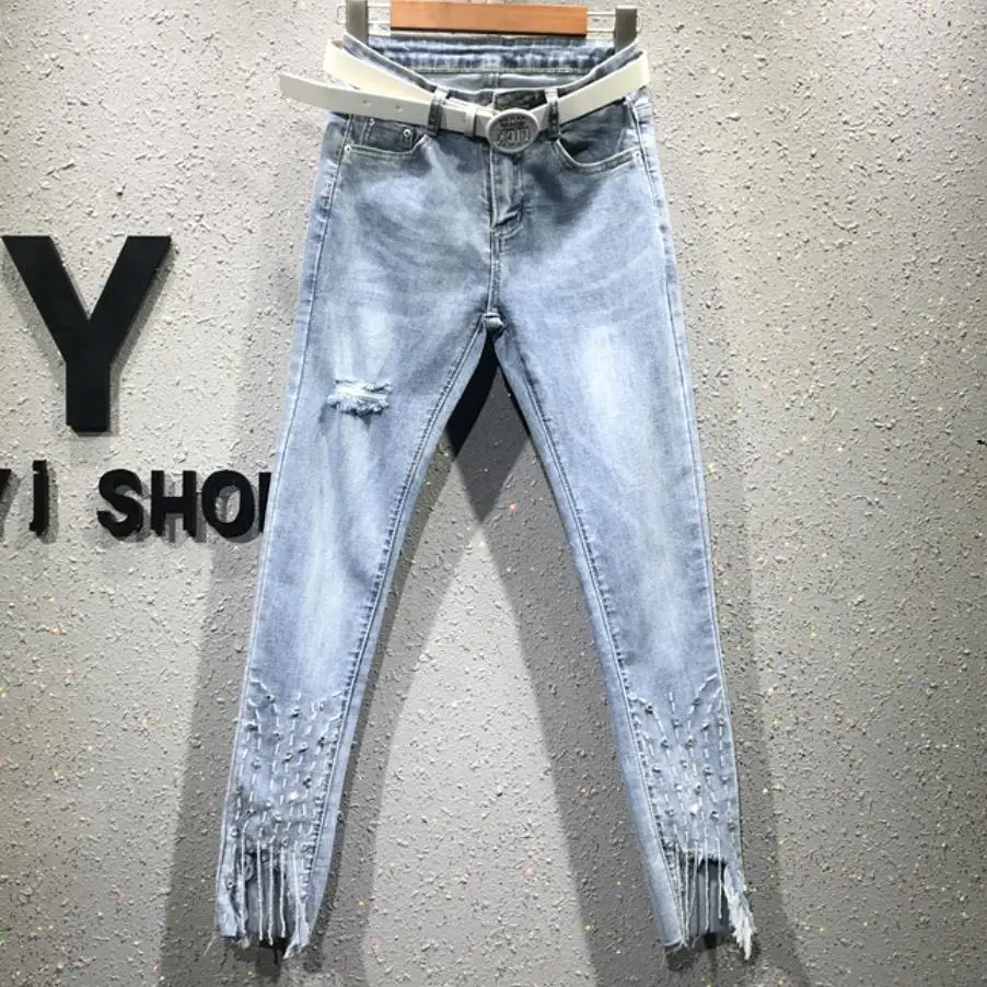 Размера плюс 26-31! Новые весенние модные бисером Стразы джинсы для женщин с кисточками, джинсовые шорты с высокой талией ноги стрейч зауженные джинсы