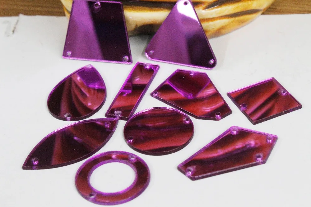

50pcs Top quality Purple color mix shaped flat back mirror organic glass sew on acryl rhinestones with holes