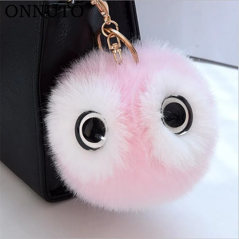 

13CM Big Eyes Fluffy Rabbit Fur Ball Key Chain Cute Cartoon Panda Pompom Keychain Women Car Bag Keycover Owl Key Rings