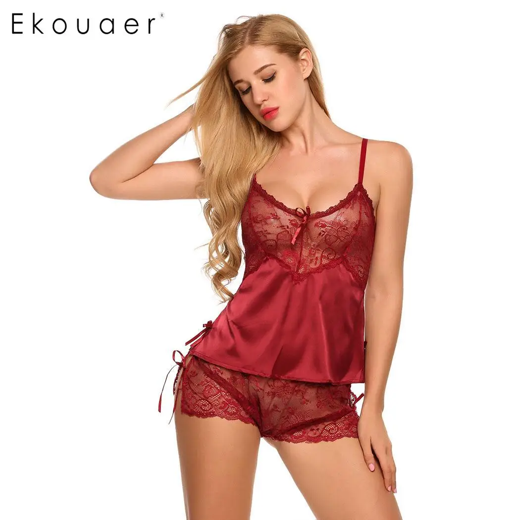 Ekouaer женская сексуальная одежда для сна нижнее белье пижамы набор Спагетти ремень v-образным вырезом кружева лоскутное Babydoll пижамы женские ночные костюмы - Цвет: wine red