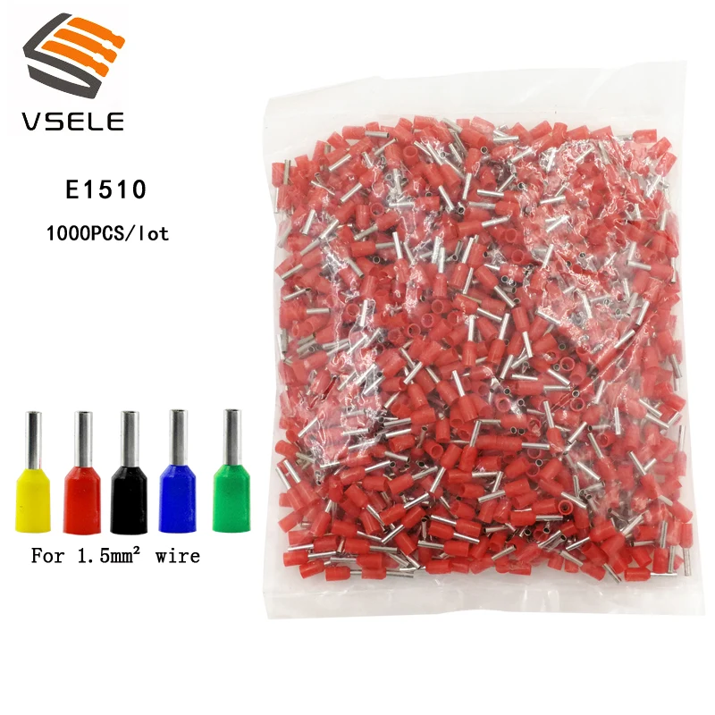 

VSELE 1000PCS/lot E1510 1.5mm2 tube insulating terminals insulated cable wire connector insulating crimp terminal connector