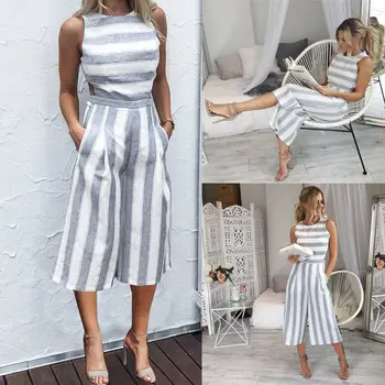 

2018 NEW Summer Jumpsuit Women's Clubwear Playsuit Sleeveless Party Striped Jumpsuit Wide Leg Trousers Romper