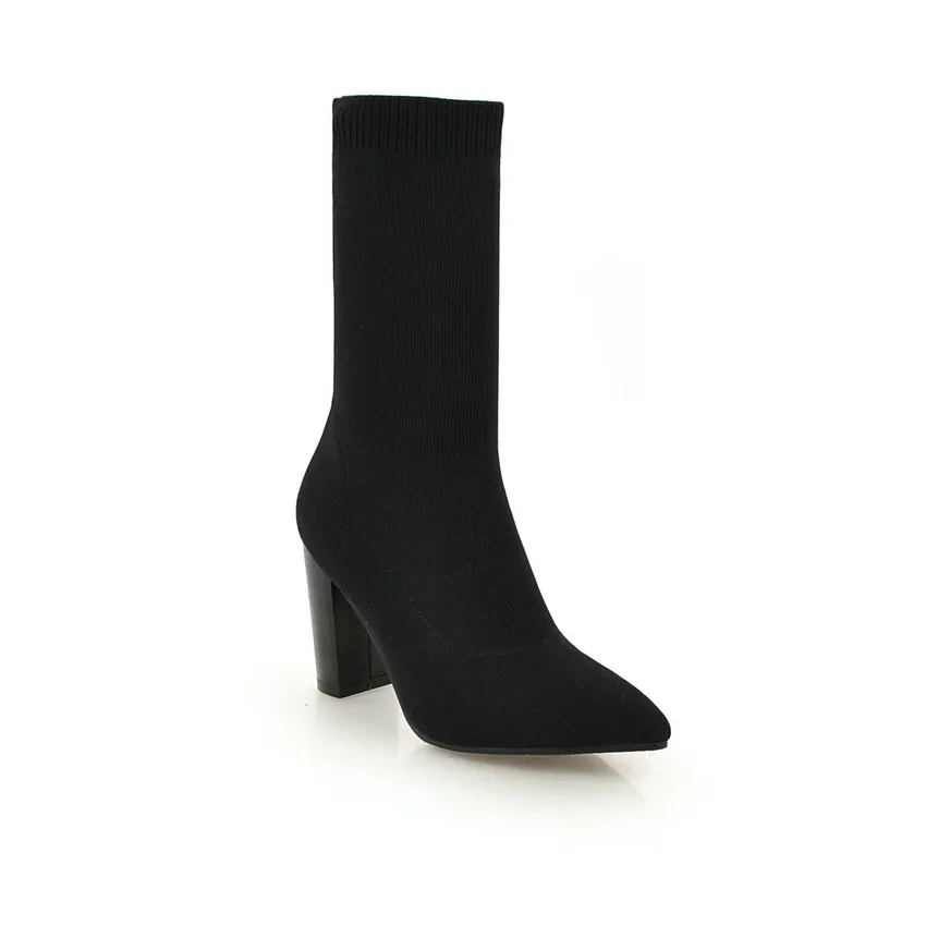 QUTAA/ г. Ботинки-носки модная женская обувь вязаные женские ботильоны на высоком квадратном каблуке женские ботинки с острым носком Большие размеры 34-43 - Цвет: Черный