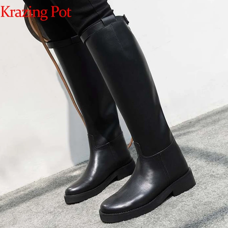 Krazing Pot cow leather high quality round toe riding equestrian boots zipper buckle straps concise designer thigh high boots