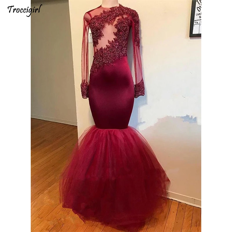 42-1             Burgundy Long Mermaid Prom Dresses 2019 New Long Sleeve Beading Tull O Neck Floor Length Formal Evening Dress Party Gowns