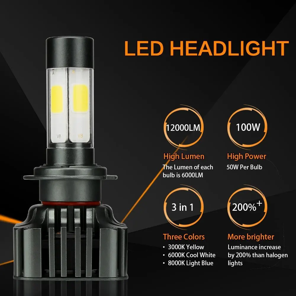 

AZGIANT IP65 Waterproof H7 3in1 Four-sides Car Led Headlight 6000K 12000Lm COB Chip Cool Lamp Auto Headlamp Fog Light Bulb