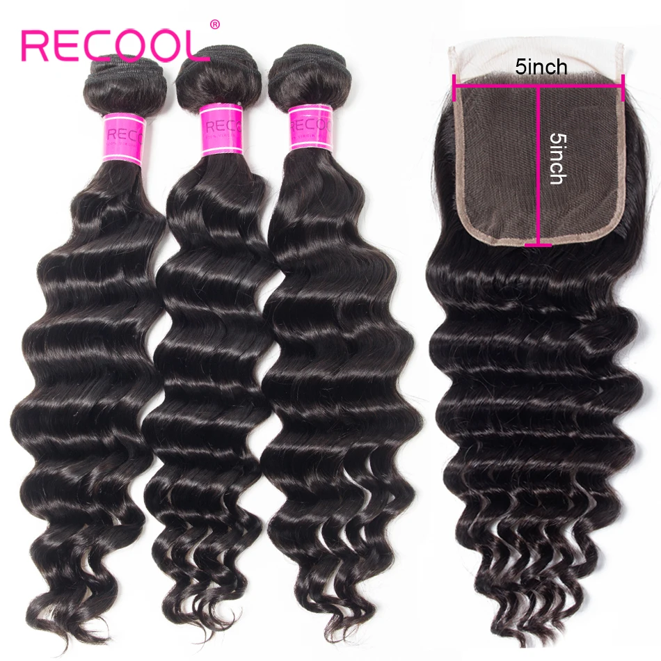Recool волосы 3 пряди с 5x5 Кружева Закрытие глубокая волна Реми человеческие волосы пряди с закрытием