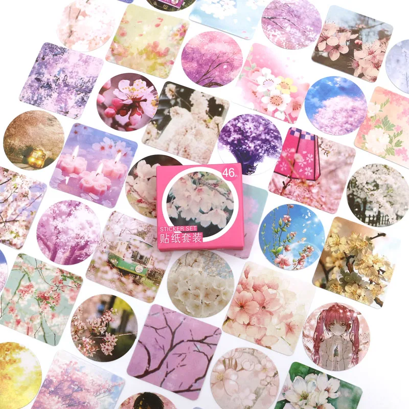 

Sakura Flowers Stickers Hand Account Decoration Stickers Diy Diary Planner Decoration Map Scrapbook Stationery 46pcs/box