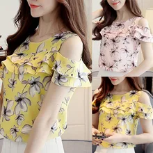 Women Blouse 2019 Summer Women Off Shoulder Ruffles Tops Casual Chiffon Floral Print Blouses