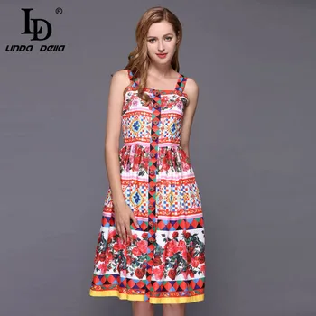 

LD LINDA DELLA 2020 Fashion Designer Summer Dress Women's Spaghetti Strap Elegant Rose Floral Print Button Midi Dress