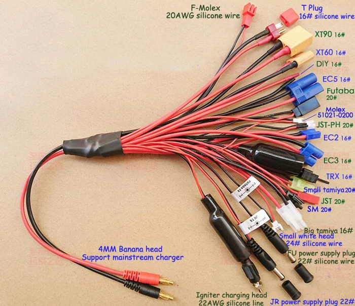 20 в 1 Многофункциональный Lipo зарядное устройство соединительный кабель Соединительная линия Разъем типа "банан" к XT60 90 JST, EC5, EC3, EC2, Tamiya, JR