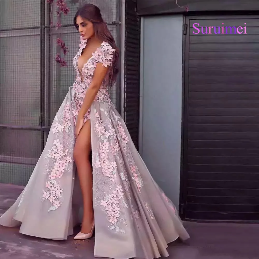 Cheap A Line Prom Dresses 2019 Plunging V Neck Pink 3D