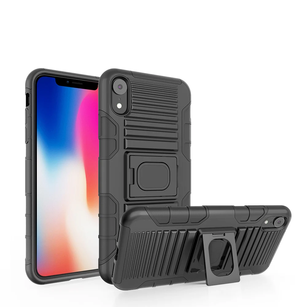 Heavy Duty Hybrid Armor Case For iPhone XR 6.1 Ring Stand Belt