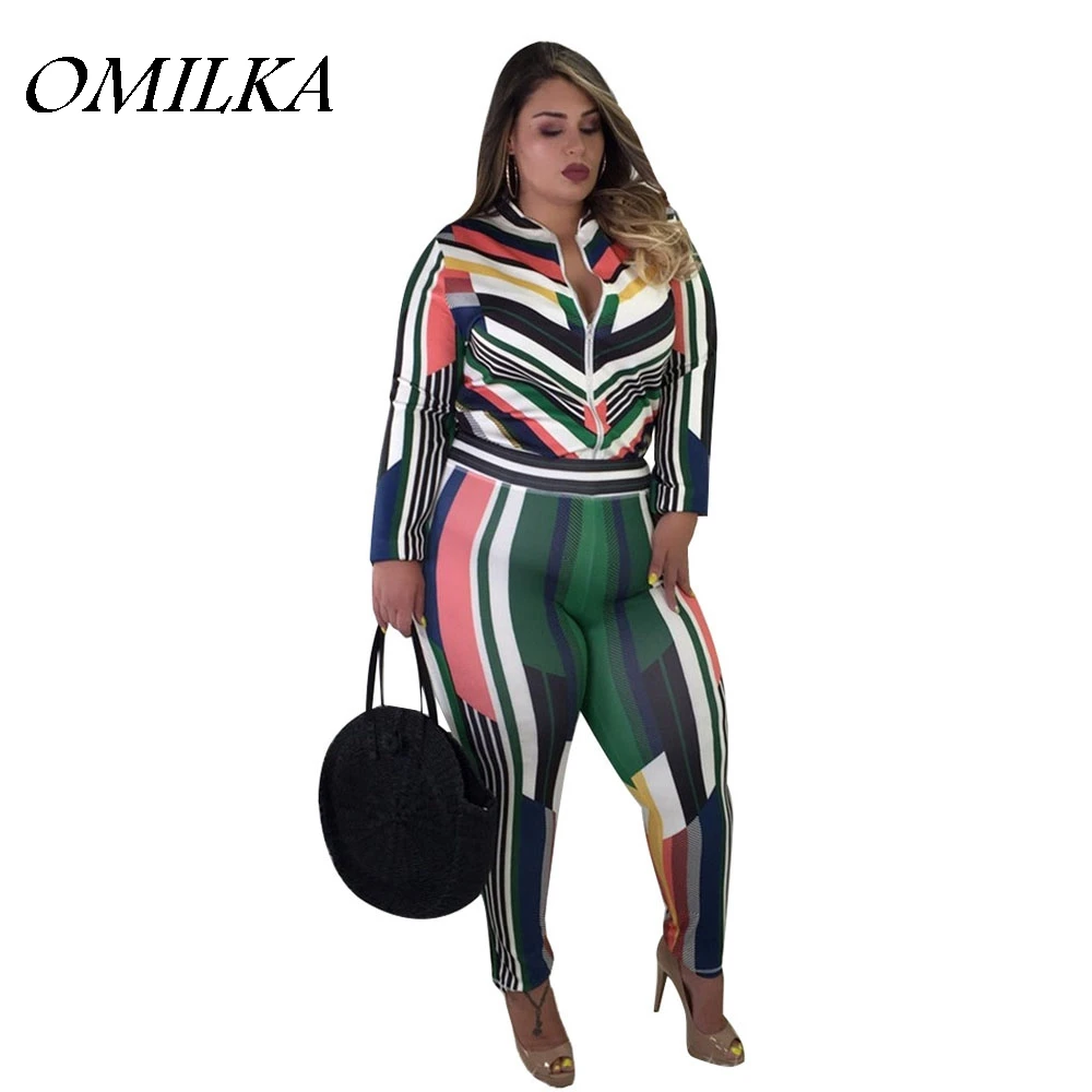 

OMILKA 2018 Summer Women Long Sleeve V Neck Zipper Jacket and Long Pant Set Sexy Striped Printed Club Party 2 Piece Clothing Set