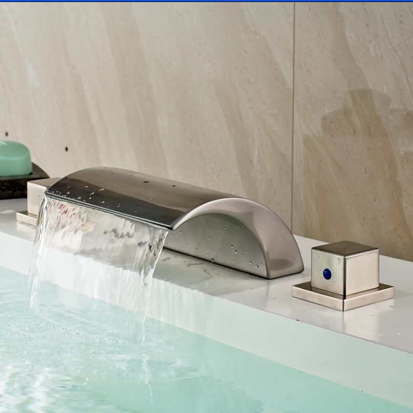 3PCS Waterfall Dual Square Handles Basin Sink Faucet Brushed Nickel Deck Mounted Waterfall Bathtub Mixer Taps