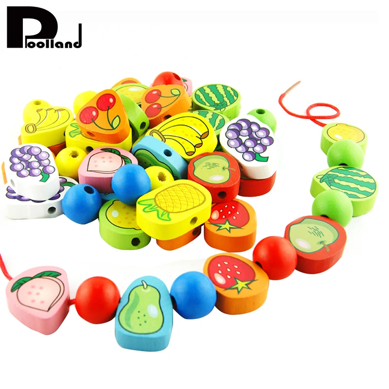 1Set Wooden Lacing Beads Animals Stringing Game Blocks Toys Heart Shape Box Educational Mixed Number Fruit