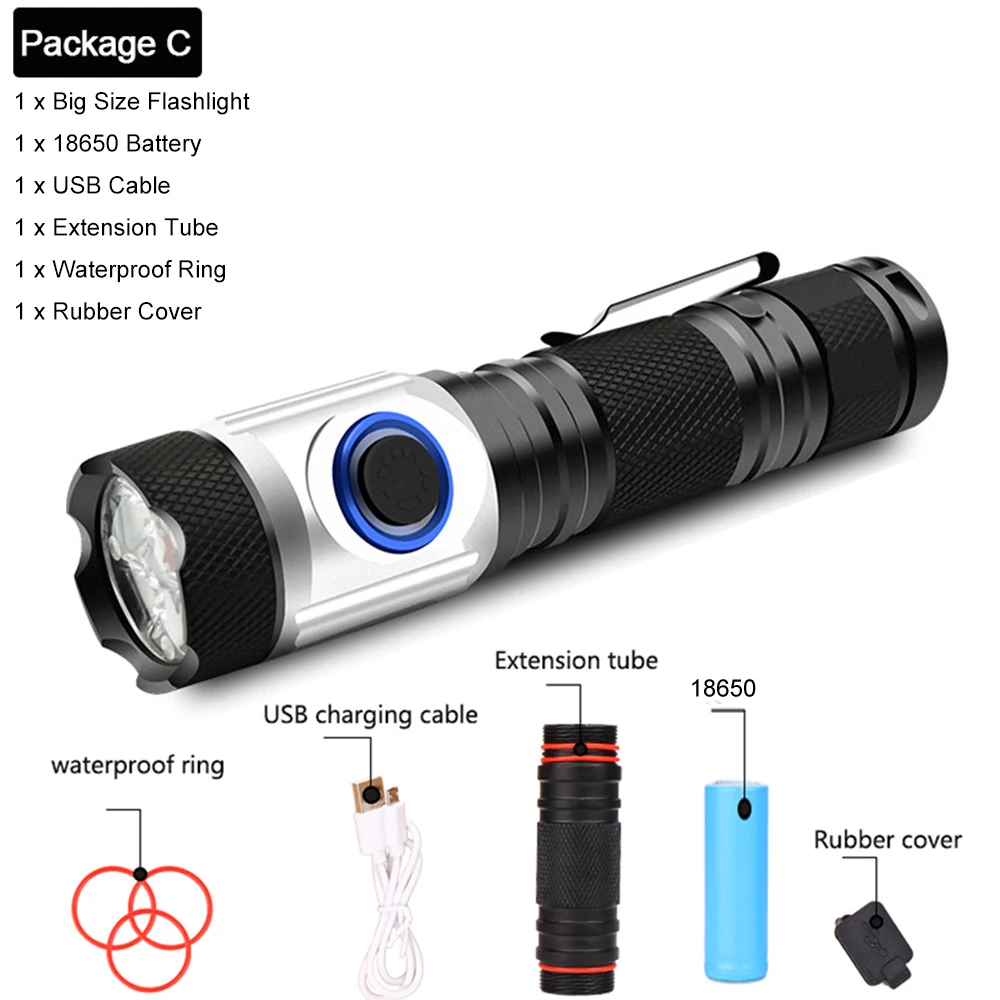 Pocketman Многофункциональный тактический фонарь мощный Скаут светодиодный фонарь USB Перезаряжаемый светодиодный фонарь Водонепроницаемый фонарь 18650 - Испускаемый цвет: Package C