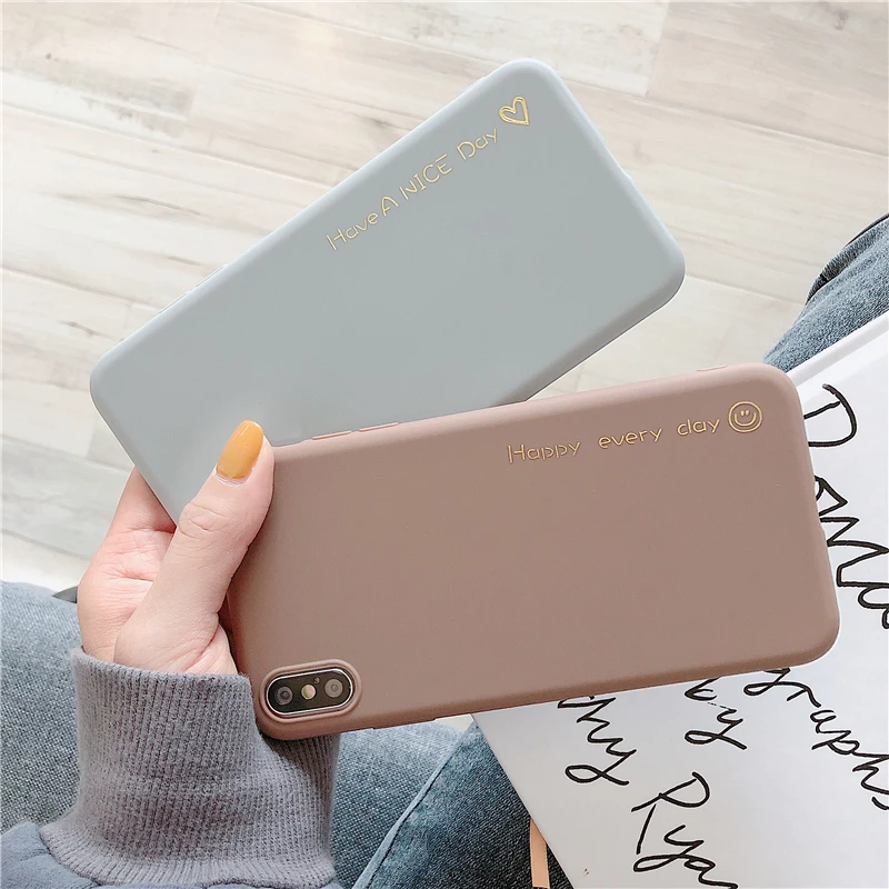 

Simple bronzing letter smiley face phone case for iPhone 6 6s 7 8 Plus X XS Max XR love solid color drop-proof silicone case