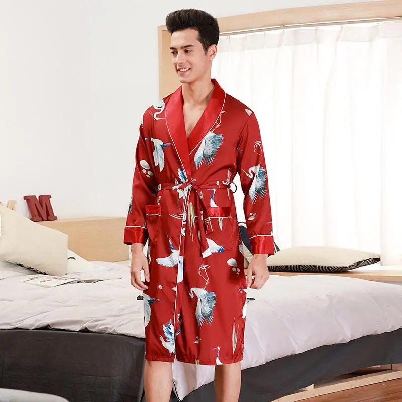 New Style Mens Long pants Spring Summer Casual Silky Home Wear Male Sleep Pyjama Bath Trousers L-XXL - Цвет: B2 robe