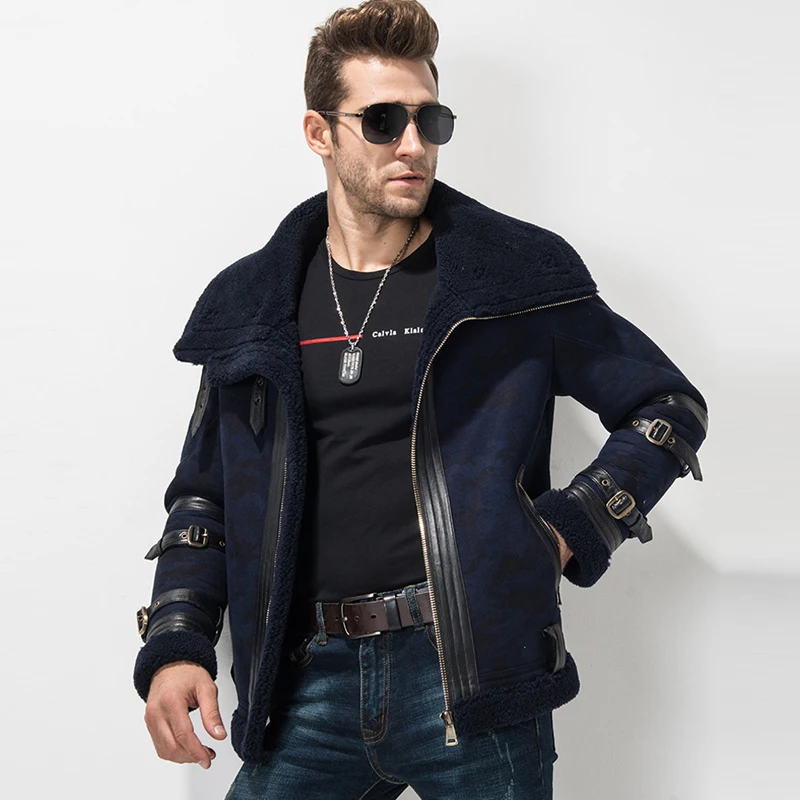Men's Shearling Coat Blue Color Flight Jacket 100% Genuine