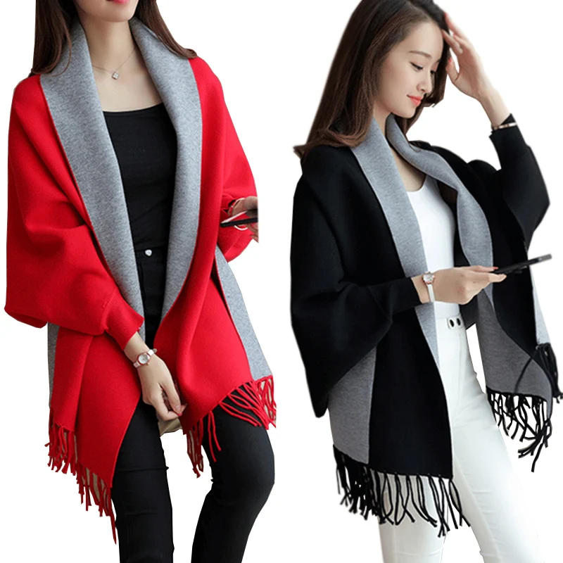 

Women Cloak sweater Tassel new 2016 Spring Autumn Fashion Solid Female Batwing Sleeve Sweater Cardigans Knitted Cotton wz227