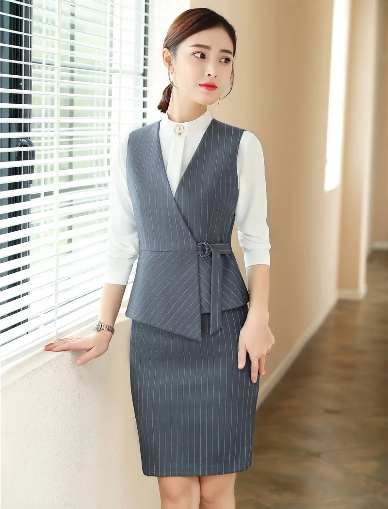 Fashion Grey Waistcoat & Vest Women Business Suits 2 Piece Skirt and