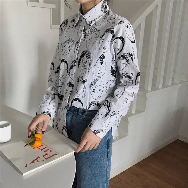 

Women Graffiti Blouses Casual Shirts White Long Sleeves Turn Down Collar Casual Loose Shirt Tops Female Streetwear Hip Hop kz720