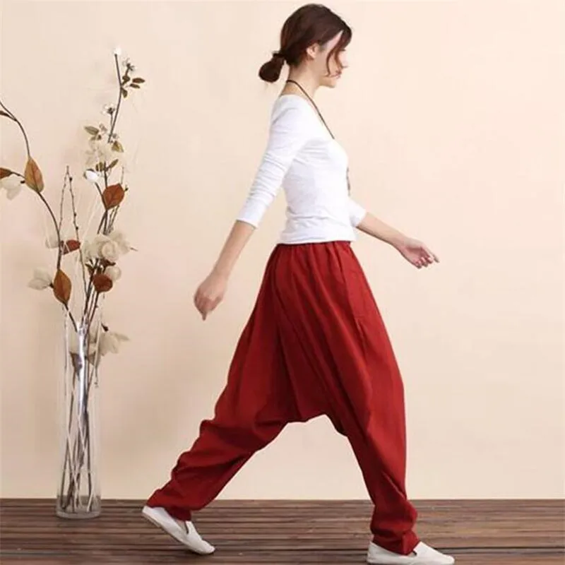 Женские штаны-шаровары из хлопка и льна, свободные одноцветные штаны, женские штаны с эластичной талией размера плюс M-5XL 6XL, длинные мягкие брюки черного и красного цвета