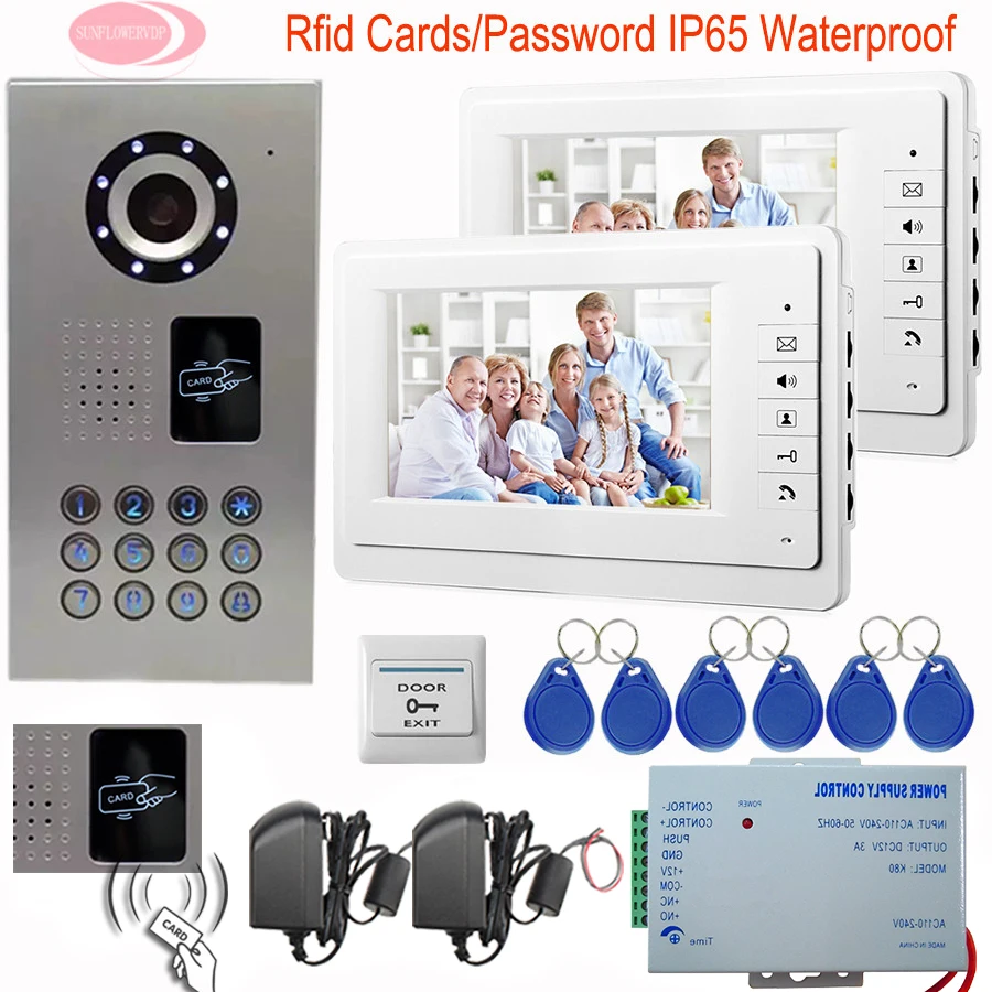 

7 inch Monitor Color Video Door Phone 2 Monitors Intercom System Rfid Cards Night Vision IP65 Waterproof Camera Video Intercom