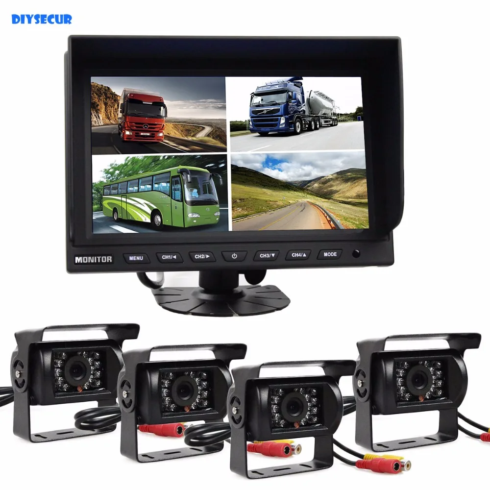 DIYSECUR 9 Inch Split Quad Display Rear View Monitor + 4 x IR Night