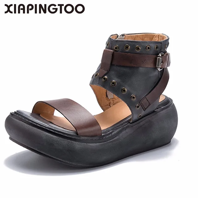 18 Guvoosm New Fashion Summer Women's Sandals High Heels Comfort Soft Rubber Bottom Genuine Leather Leisure Retro Handmade Shoes