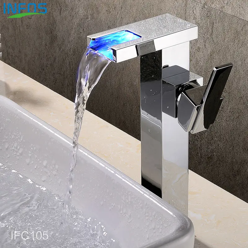 INFOS LED Wash Basin Faucet Waterfall Bathroom Brass Sink Mixer Single Handle Hot and Cold Water Tap Torneira Banheiro IFC105