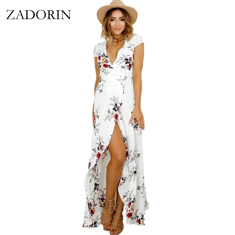 ZADORIN 2017 Plus Size Long Summer Beach Dress Women Sexy Deep V Floral Chiffon Maxi Dress