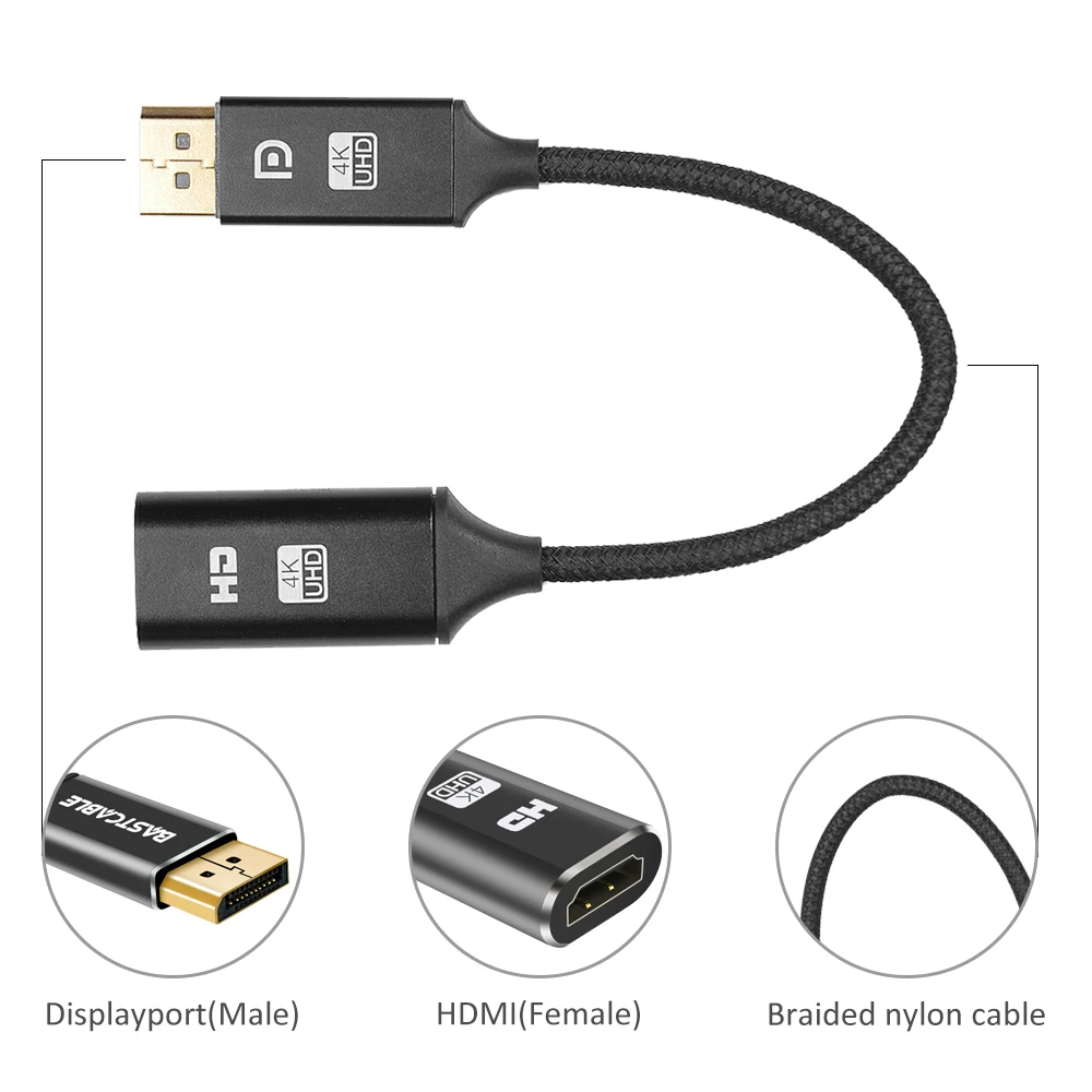 DisplayPort to HDMI Adapter(Male to Female) Support 4K@60Hz,DP to HDMI Cable for for HP, ThinkPad, AMD, NVIDIA Desktop01