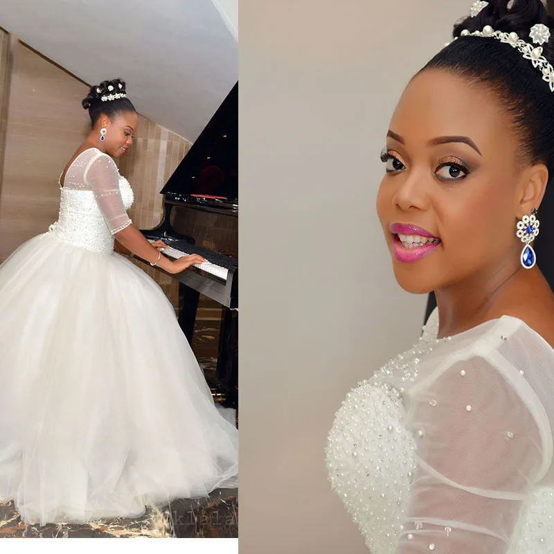 See Through Half Sleeves Plus Size Ball Gown Wedding Dresses With